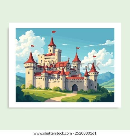 Flat illustration of a medieval European fortress