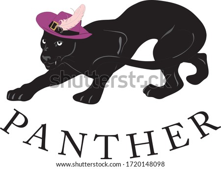 Vector crouching black panther with lilac hat and pink feather