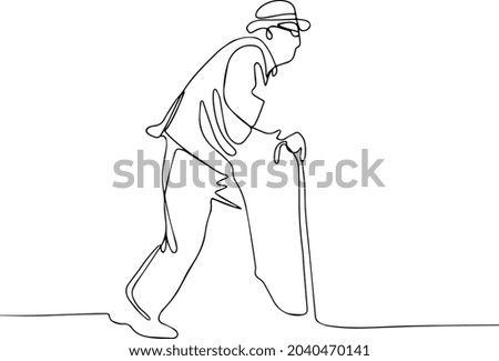 Continuous one line drawing of full length profile of a senior man walking with a cane Minimal outline concept. Vector illustration
