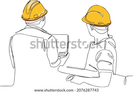 Continuous one line drawing of Industry maintenance engineer wearing uniform and safety helmet under inspection by tablet. Minimal outline concept. Vector illustration