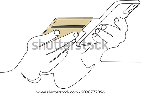 Continuous one line drawing of close-up female hands holding credit card and smartphone young woman paying online using banking. Vector illustration