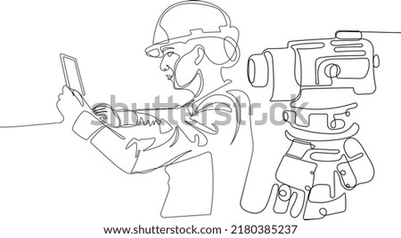 Close up of young Caucasian worker with helmet on head using tablet for work while standing in warehouse. Vector illustration Foto d'archivio © 