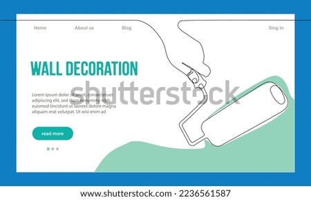 Home Repair Concept. Website Landing Page. Repairmen Workers Are Making Works Of House. Cartoon Characters Paint Walls And Put Tile. Linear Outline  Illustration