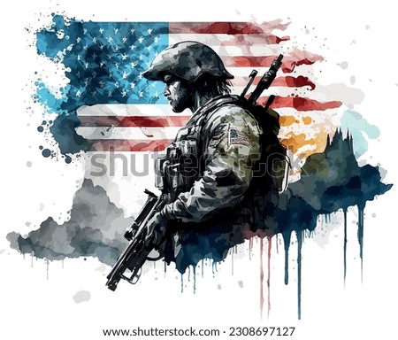 on a white background, a watercolor drawing of an American soldier, American figures who signed the declaration of independence and eagles on the background of flag. . Vector illustration