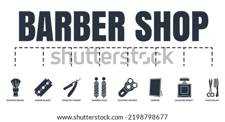 Barber shop banner web icon set. electric shaver, cologne spray, razor blade, mirror, hair salon, straight razor, barber pole, shaving brush vector illustration concept.