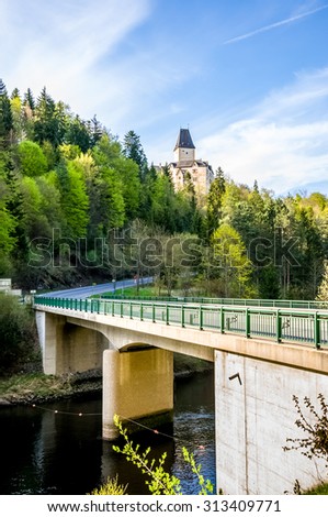 A bridge in the foreground and castle Ottenstein (german Burg Ottenstein) in the background. Castle Ottenstein is located in the district of Krems-Land in the Austrian state of Lower Austria.
