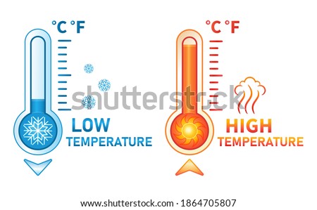 Hot and cold thermometer icon set. Low and high temperature on measuring sсale. Meteorological measurements weather in summer and winter. Control level cooling and heating of equipment. Flat vector  商業照片 © 