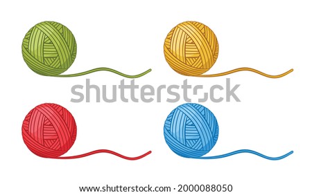 Ball of knitting thread icon set. Round skein of wool, cotton yarn for handmade crochet, knit needles, sewing hobby. Material knitwear clothes. Blue, red, yellow, green clew filament. Cartoon vector 