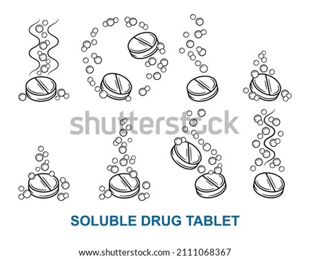 Effervescent soluble drug tablet, fizzy aspirin pill, vitamin C dissolve in water outline icon set. Medicament solution with air bubbles. Dose pain medication, antibiotic for treatment. Line vector