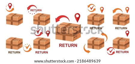 Return delivery post parcel package to sender, send order back icon set. Free exchange product goods in online shop. Cardboard box, gps navigation pointer. Address shipping. Purchase tracking. Vector