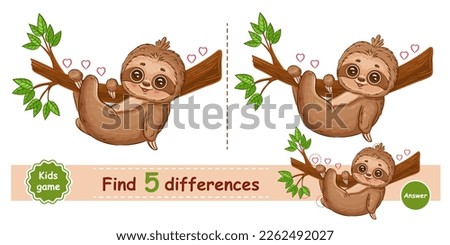 Cute lazy sloth rest hanging on tree branch, find 5 difference puzzle education children game. Funny slow tropical exotic animal character. Compare picture. Kid preschool learning logical task. Vector