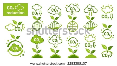 CO2 emission reduction, green plant carbon dioxide recycling, offset, carbonic greenhouse gas reduce icon set. Smoke cloud. Neutral and low level air atmosphere pollution. Clean eco technology. Vector