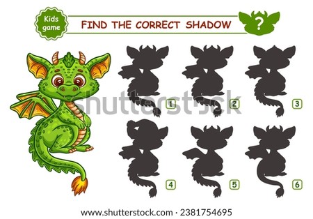 Cute fantasy dragon monster, dinosaur, find correct shadow shape. Children education puzzle matching game. Fairy fire lizard reptile animal character. Search right silhouette. Kid logical task. Vector