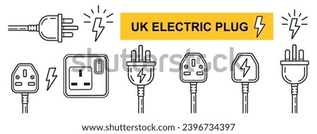 UK electric plug socket, British electrical power outlet line icon set. English three pin ac cable. Electricity energy. Electro equipment wire connection. Wall current switch. Charging device. Vector