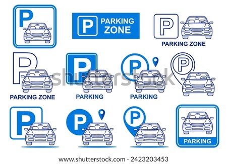 Car parking zone, road auto transport park lot space allowed, traffic sign set. Street automobile transportation stop place, garage station. Vehicle sharing service. GPS location map pointer. Vector