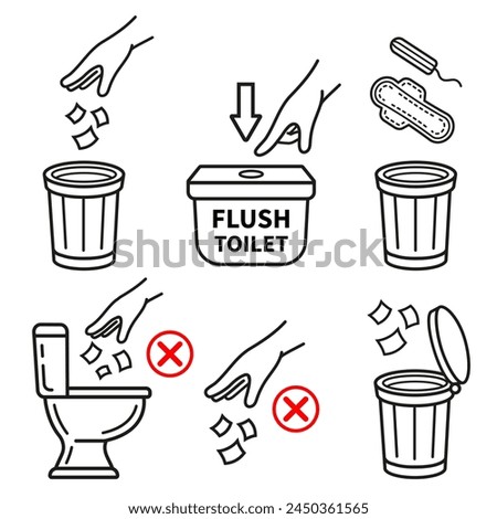 Toilet trash bin, recycling garbage, do not throw paper tissue in restroom bowl, flush water in public WC room line icon set. No litter. Home trashcan. Hand press button lavatory tank for clean vector