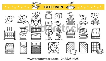 Bed linen, bedding sheet textile, blanket duvet and feather pillow, bedroom furniture line icon set. Double or single bedclothes, baby cradle for sleep. Mattress cover. Cotton or bamboo fabric. Vector