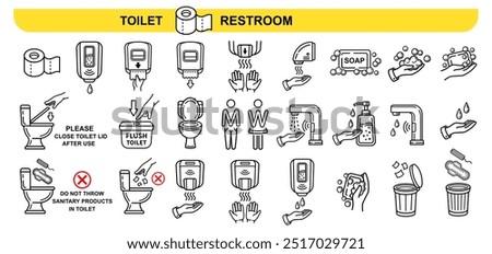 Public toilet, male female restroom, electric hand dryer, sensor water tap, wash hand with soap, paper towel dispenser line icon set. Do not flush trash. No throw sanitary pad in lavatory bowl. Vector