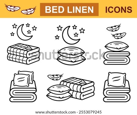 Clean bed linen folded, soft pillow, bedroom bedding sheet textile for sleep, towel, feather blanket duvet line icon set. Double, single bedclothes for night dream. Cotton quilt, bedsheet stack vector