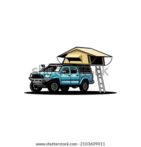 camper truck with roof top tent illustration vector