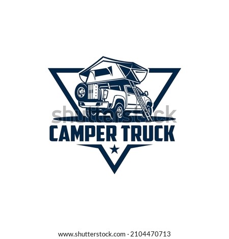 RV, pick up camper truck with roof tent logo vector