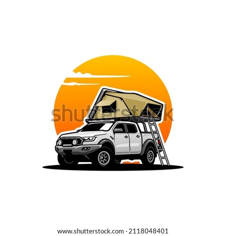camper van, camper truck with roof top tent illustration logo vector	