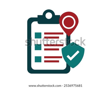 Illustration of a clipboard with a checklist, location pin, and shield symbol, representing task management, location tracking, and security.