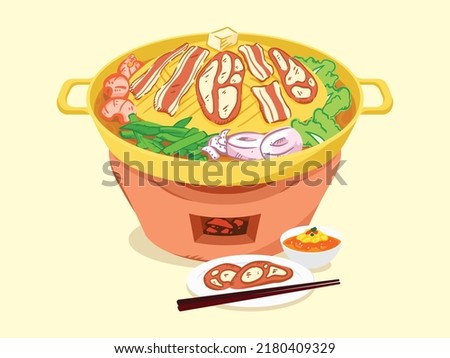 Moo Kra Ta, Thai barbecue grill pork, Food hand drawn, vector illustration.