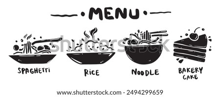 Menu icon set for food categories, hand drawn, vector illustration. (Spaghetti, Rice, Noodles, Bakery, Cake)