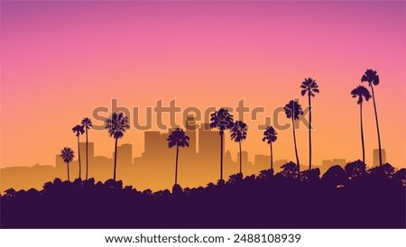 Summer sunset City skyline. Silhouette. Los Angeles, California, Hollywood. Perfect for social media, banner, poster, newsletter, advertisement, leaflet, placards, brochure, wallpaper, t-shirt, flyer.