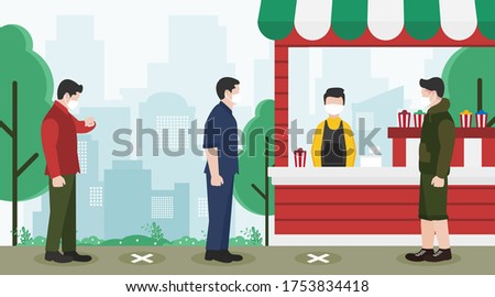 New normal concept with people keep physical distancing from each other and wearing face mask prevention from disease outbreak. Vector illustration of queue people buying food and drink at the Park ストックフォト © 