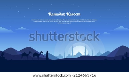 Landscape illustration of Ramadan kareem with silhouette of mosque and traveler carrying camel in desert