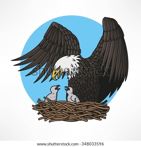 Graphic illustration of bald eagle witn chicks in the nest