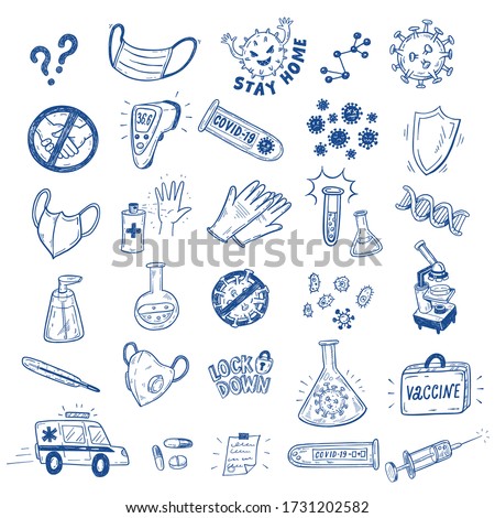 CoronaVirus Covid-19 protection vector sketch set with hand drawn science doodles, test tubes, microscope, vaccine, ambulance emergency, face masks, gloves, antiseptic etc.