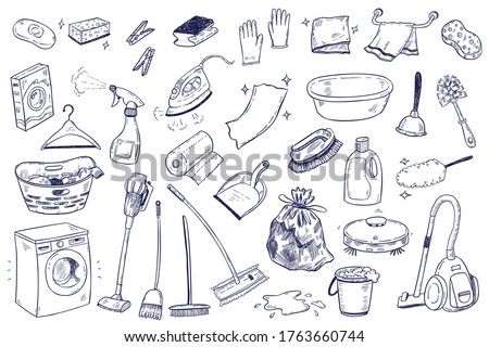 House and home cleaning themed doodle set. Various equipment, tools and facilities for washing, dusting, cleaning.