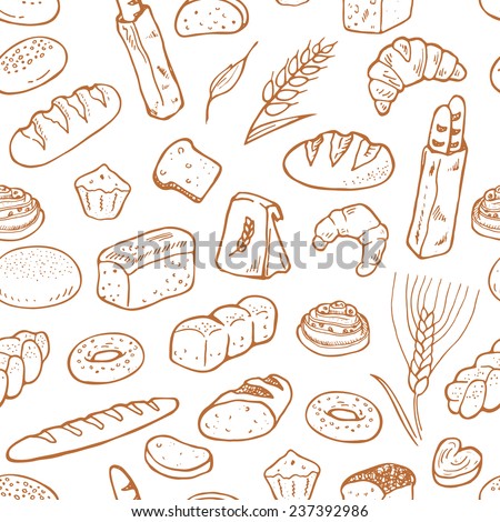 Hand drawn bakery on white background. Seamless pattern background.