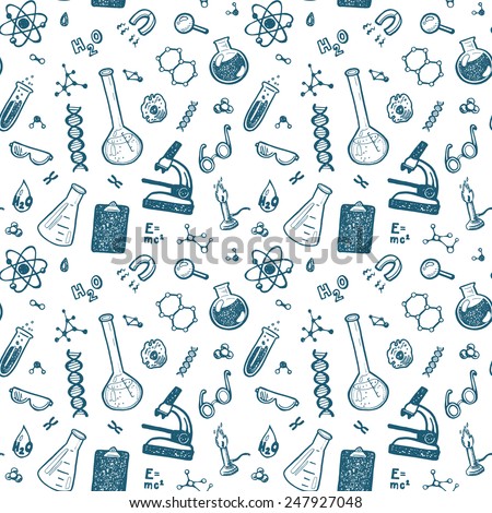 Hand Drawn Chemistry seamless pattern. Science background. 