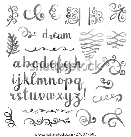 Hand drawn watercolor monochrome design elements. Elegant calligraphic flourishes and artistic font.