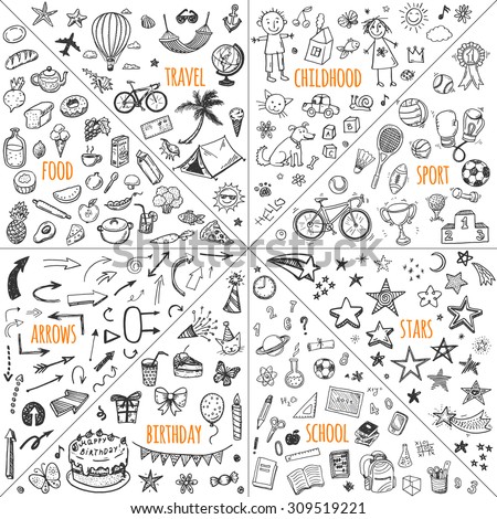 Mega doodle design elements vector set. Hand drawn illustrations: travel, childhood, sport, school, birthday, arrows, food.