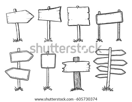 Hand drawn illustration of doodle wood road signs and arrows
