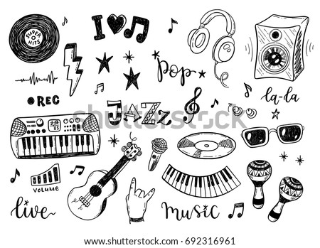 Hand drawn sketch set of music culture doodles, instruments, notes, signs and symbols
