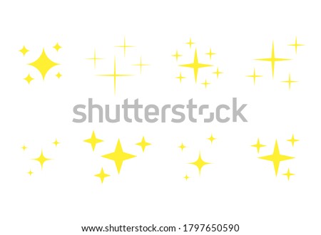 Yellow stars icons set. Golden glowing fireworks symbols collection. Bright stars twinkle vector isolated illustrations