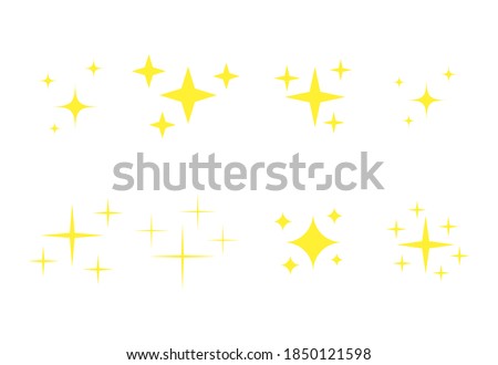 Yellow spark emoji icons set. Golden glowing stars symbols collection. Bright christmas stars twinkle in flat style vector isolated