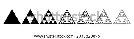 Evolution of the Sierpinski triangle. Steps constructing mathematical geometric endless fractal Sierpinski gasket. Pyramid with an infinite pattern isolated on white