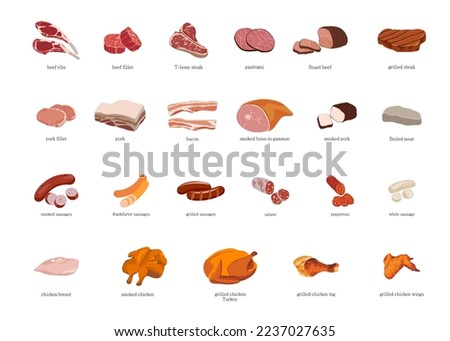 Meat Vector Illustration Set.  Beef, pork and chicken meat.