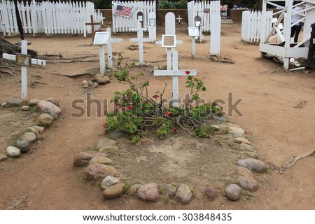 San Diego, California, USA - May 25, 2015: El Campo Santo Cemetery, old cemetery in Old Town San Diego, is rumored to be the nexus for a surprising amount of spiritual activity.