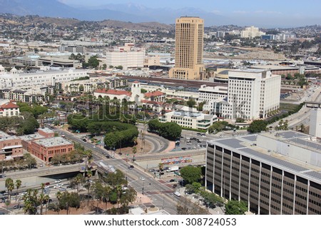 Los Angeles, California - August 14, 2015: Scenery of Union Station, the largest railroad passenger terminal in the Western US, and Metro, the public transportation operating agency for Los Angeles