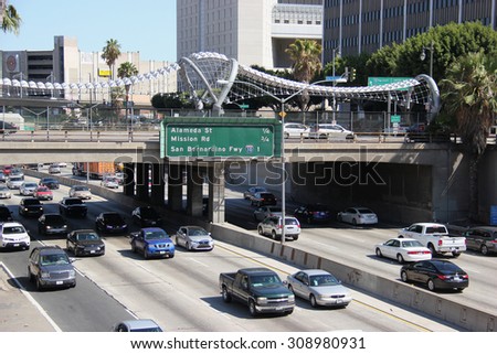 Los Angeles, California, USA - August 14, 2015: U.S. Route 101 runs through downtown LA near the East Los Angeles Interchange, the world\'s busiest freeway interchange.