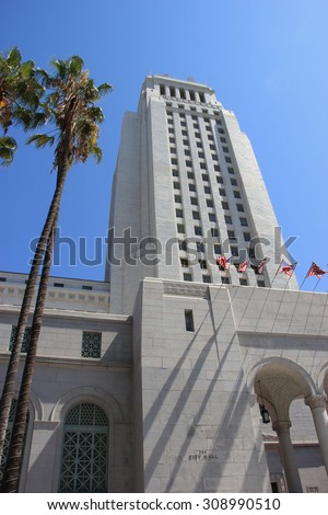 LA, California, USA - August 14, 2015: Los Angeles City Hall is the center of the government of the city of LA, houses the mayor\'s office and the meeting chambers and offices of the LA City Council.
