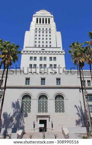 LA, California, USA - August 14, 2015: Los Angeles City Hall is the center of the government of the city of LA, houses the mayor\'s office and the meeting chambers and offices of the LA City Council.